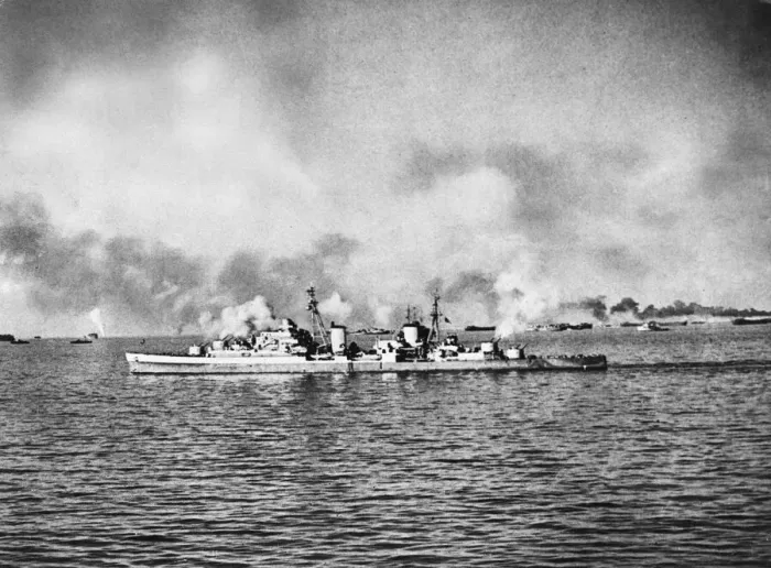 Framed Print : HMS Spartan can be seen here assisting with the bombardment of the beaches at Anzio