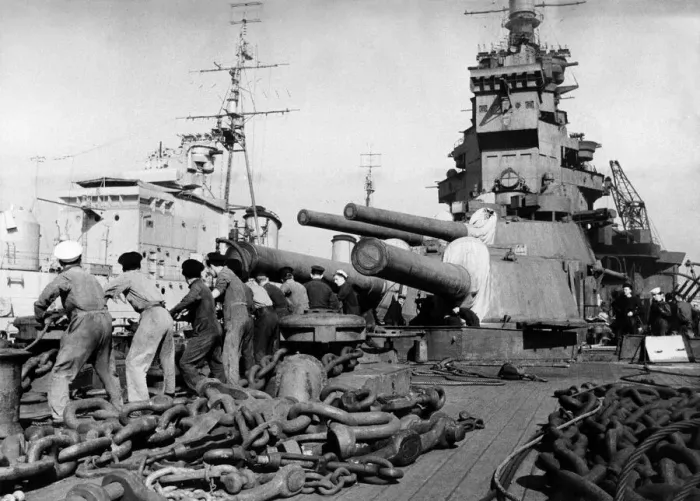 Framed Print : HMS Warspite A line of sailors hauling up stores on the fore deck Framed Print : HMS Warspite A line of sailors hauling up stores on the fore deck