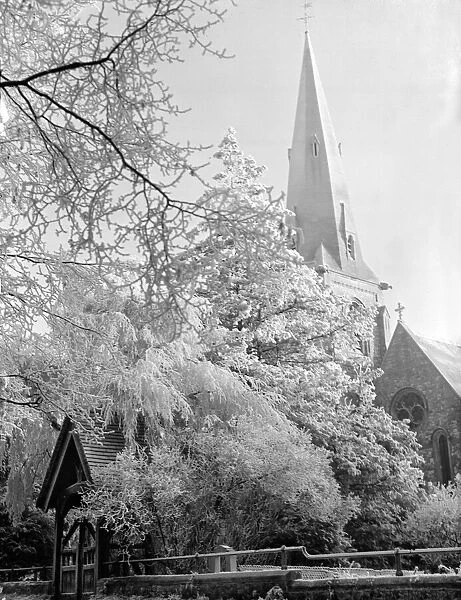 A hoare frost clings to the trees close to the church at High Beech Hertfordshire