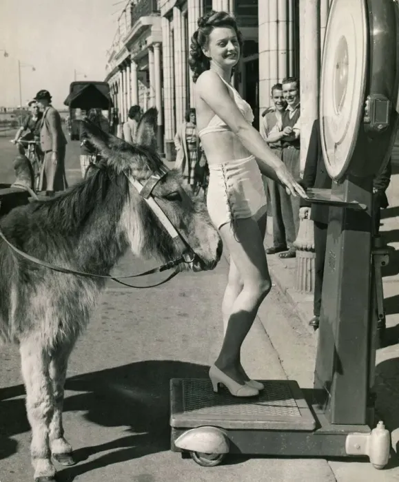 Framed Print : Holidaymaker Kitty Beasley weighs herself on a set of Avery scales May 1948