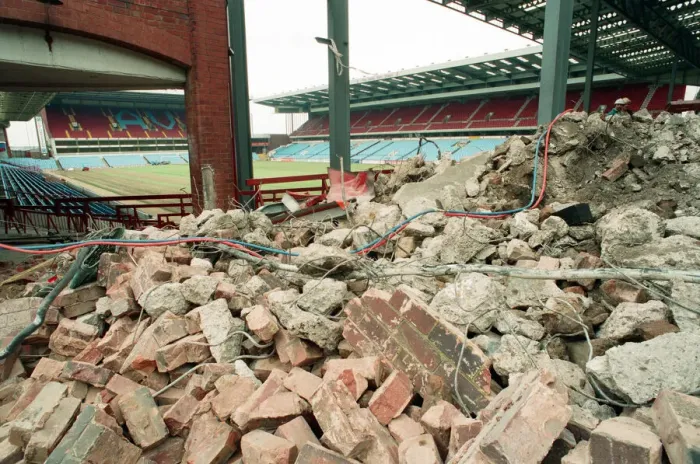 Framed Print : The Holte End stand at Villa Park is demolished by workmen. 10th May 1994 Framed Print : The Holte End stand at Villa Park is demolished by workmen. 10th May 1994