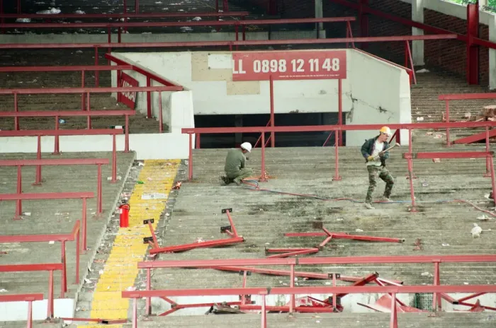 Framed Print : The Holte End stand at Villa Park is demolished by workmen. 10th May 1994 Framed Print : The Holte End stand at Villa Park is demolished by workmen. 10th May 1994