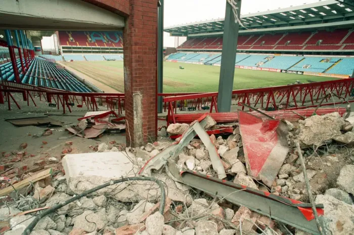 Framed Print : The Holte End stand at Villa Park is demolished by workmen. 10th May 1994 Framed Print : The Holte End stand at Villa Park is demolished by workmen. 10th May 1994