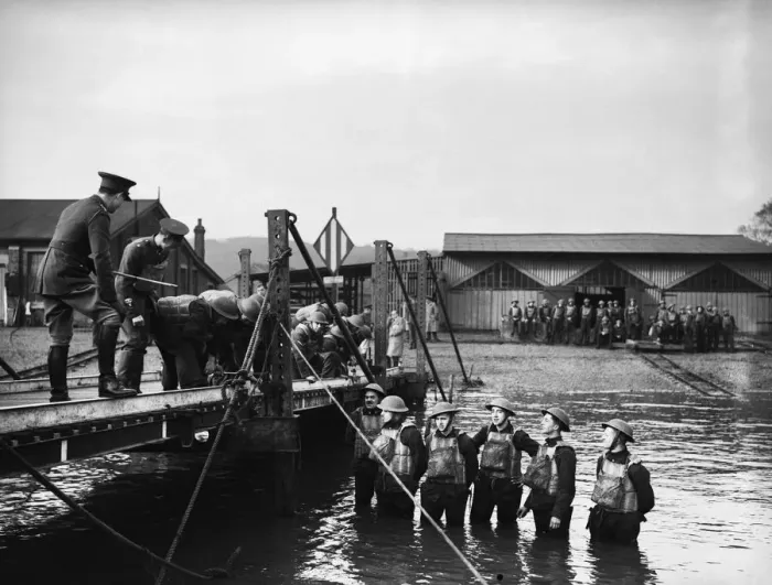 Framed Print : Home Guard training in the construction of temporary and pontoon bridges whilst Framed Print : Home Guard training in the construction of temporary and pontoon bridges whilst