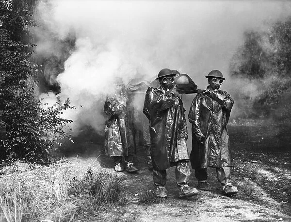 Home Guard training in the evacuation of casualties during a gas attack whilst