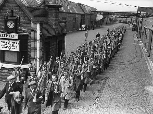 Home Guard volunteers for the L. D. V. at Wolseley Motors Birmingham factory parading
