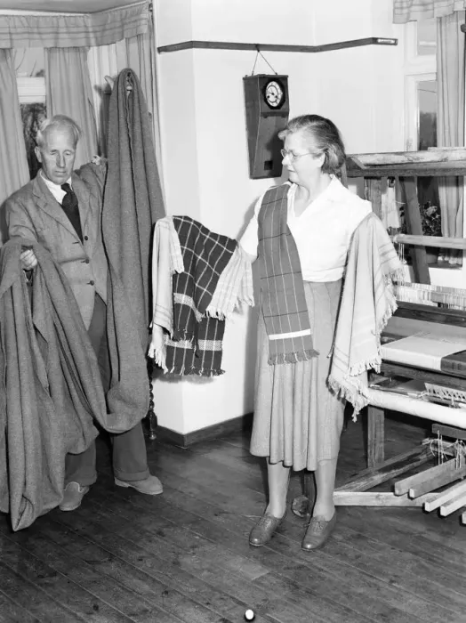 Framed Print : Home Loom: Weavers operating a home loom. 1954 A29-005 Framed Print : Home Loom: Weavers operating a home loom. 1954 A29-005