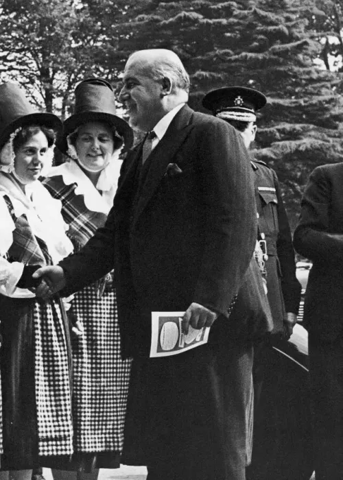 Framed Print : Home Secretary David Maxwell Fyfe greets a woman in national dress at the Welsh Framed Print : Home Secretary David Maxwell Fyfe greets a woman in national dress at the Welsh