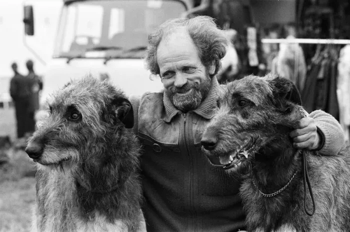 Framed Print : Honley Show. Show dogs... Mr Bill Jackson with his Irish Wolfhounds Rastus and Tryth