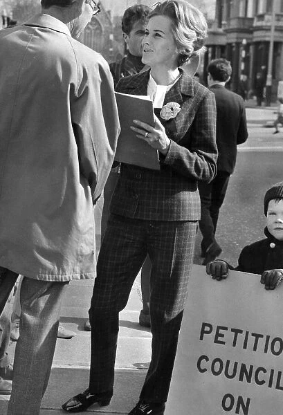 Honor Blackman campaigning for Liberal Party during GLC local elections in London - March