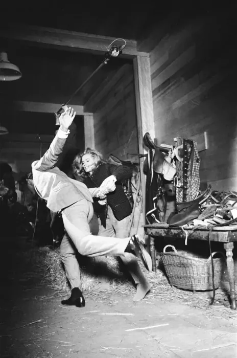 Framed Print : Honor Blackman as Pussy Galore and Sean Connery as James Bond seen here filming a fight Framed Print : Honor Blackman as Pussy Galore and Sean Connery as James Bond seen here filming a fight