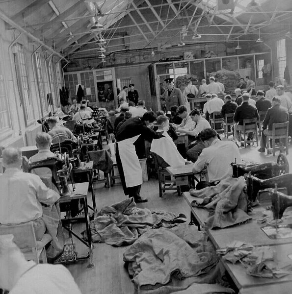 Horfield Jail, Bristol in 1960, shows the inmates of Horfield jail sewing mailbags using
