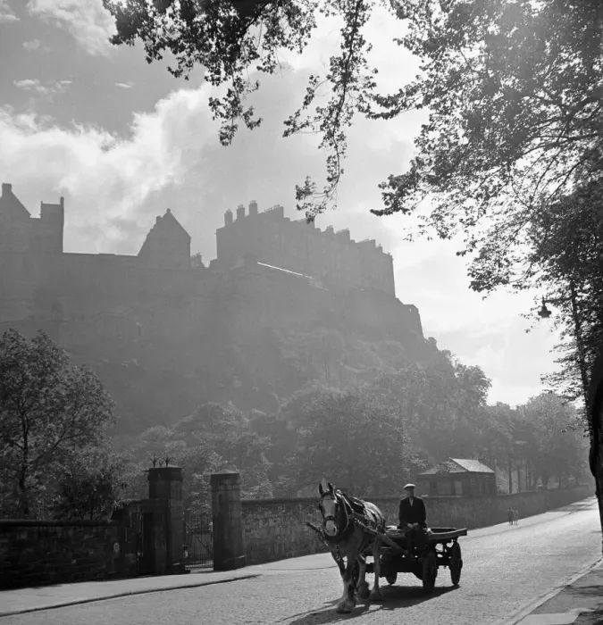 Framed Print : Horse and cart pass through peaceful countryside village Cobbled street Edinburgh Framed Print : Horse and cart pass through peaceful countryside village Cobbled street Edinburgh