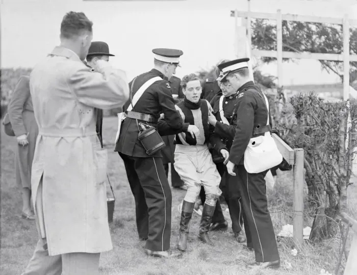 Framed Print : Horse Racing The Grand National 1949 Injured jockey R Curran (Ulster Monarch Framed Print : Horse Racing The Grand National 1949 Injured jockey R Curran (Ulster Monarch