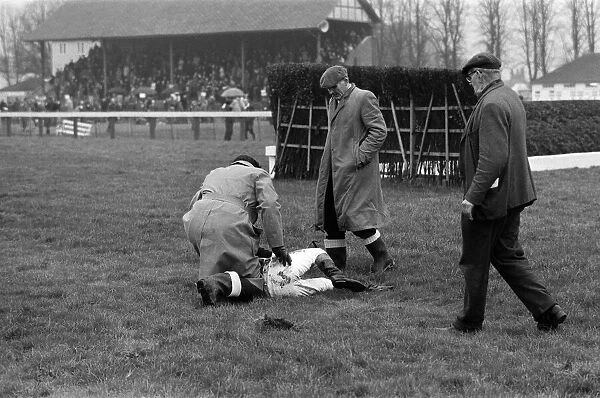 Horse racing at Windsor, a jockey who has fallen from his horse. 4th January 1972