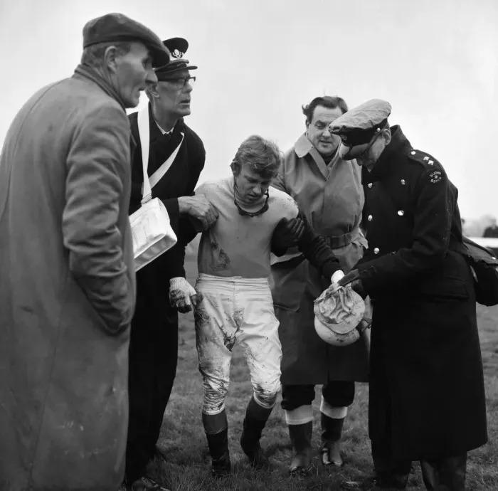 Framed Print : Horse racing at Windsor, a jockey who has fallen from his horse is helped
