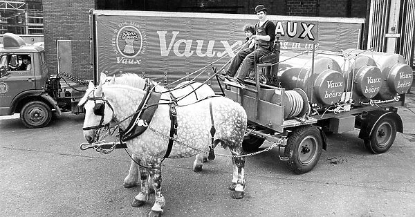 A horse tanker leaves Vaux Brewery, Sunderland on deliveries in 1979