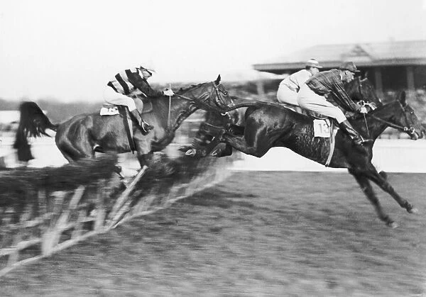 Horseracing action in the Horley Steeplechase Hurdle at Gatwick. 9th January 1925