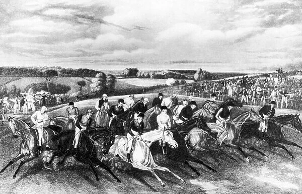 Horseracing Illustration- the start of the Derby race, 1837