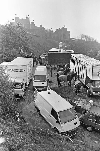 Horses being prepared for the filming of Hamlet at Dover Castle 23rd April 1990