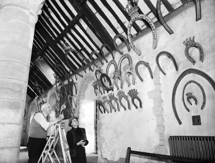 Framed Print : The horseshoe collection at Oakham Castle in Oakham, Rutland. Circa 1952 Framed Print : The horseshoe collection at Oakham Castle in Oakham, Rutland. Circa 1952