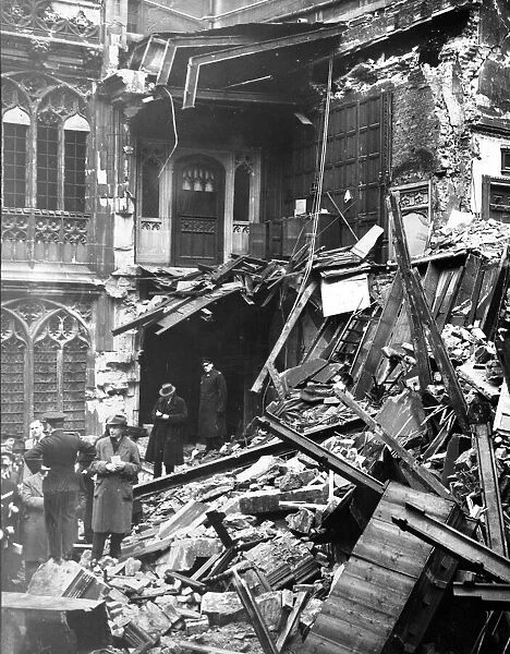 The House of Commons bombed during the London blitz. A view of the Cloisters