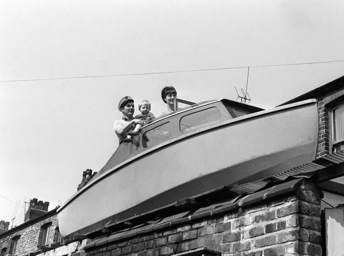 Framed Print : Houseboat April 1968 - Boat on roof for Worthington Family - 8 feet up on roof behind Framed Print : Houseboat April 1968 - Boat on roof for Worthington Family - 8 feet up on roof behind