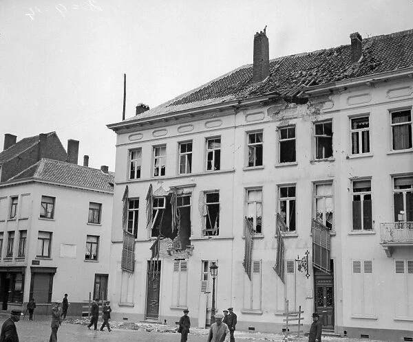 Houses in the Belgian town of Malines showing the effects of the German bombardment