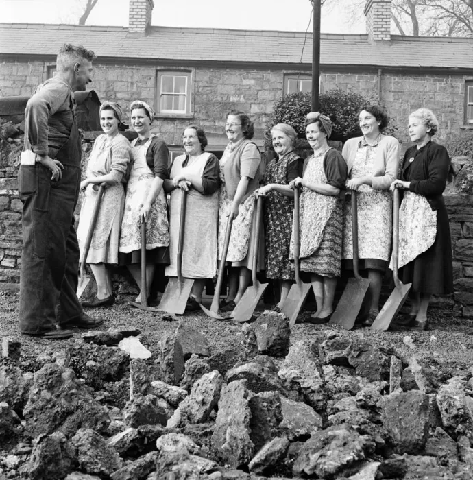 Framed Print : Housewives of Forge Row Aberaran seen here building their own road. March 1953 D1204 Framed Print : Housewives of Forge Row Aberaran seen here building their own road. March 1953 D1204