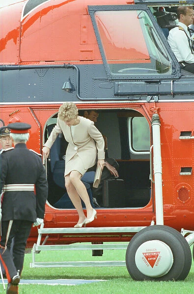 HRH The Princess of Wales, Princess Diana, arrives by helicopter as she visits Oxford