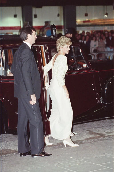 HRH The Princess of Wales, Princess Diana, arrives at The Dominion Theatre for The Royal