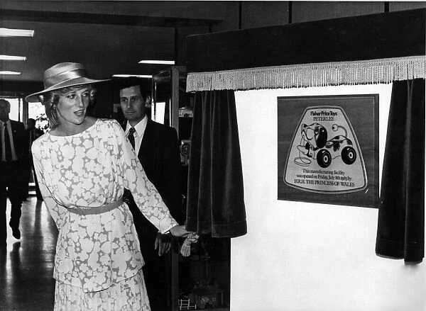 HRH The Princess of Wales, Princess Diana unveils a plaque at the new Fisher-Price Toy