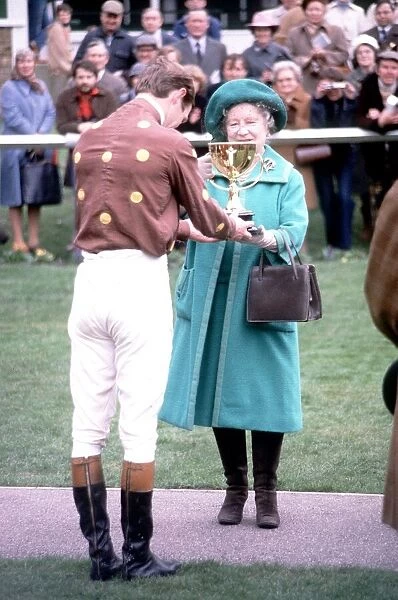 HRH Queen Elizabeth Queen Mother March 1981 presents the Grand Military Gold Cup to B