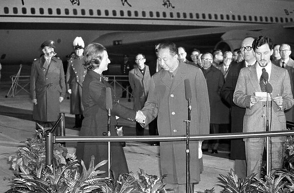 Hua Kuo Feng, Chairman of the Chinese Peoples Republic, greeting Margaret Thatcher