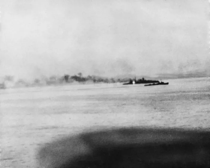 Framed Print : Hugging the shore and protected by a destroyer green and fight escort
