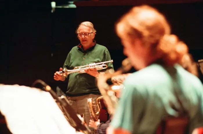 Framed Print : Humphrey Lyttelton rehearses with the Birmingham Schools Jazz Orchestra at the Symphony Framed Print : Humphrey Lyttelton rehearses with the Birmingham Schools Jazz Orchestra at the Symphony