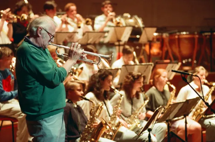 Framed Print : Humphrey Lyttelton rehearses with the Birmingham Schools Jazz Orchestra at the Symphony Framed Print : Humphrey Lyttelton rehearses with the Birmingham Schools Jazz Orchestra at the Symphony