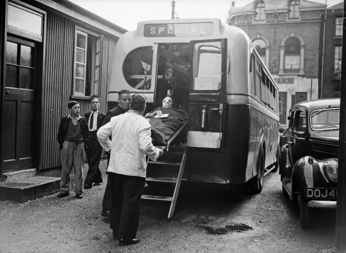 Framed Print : One of hundreds of patients being evacuated from a Birmingham hospital in specially Framed Print : One of hundreds of patients being evacuated from a Birmingham hospital in specially