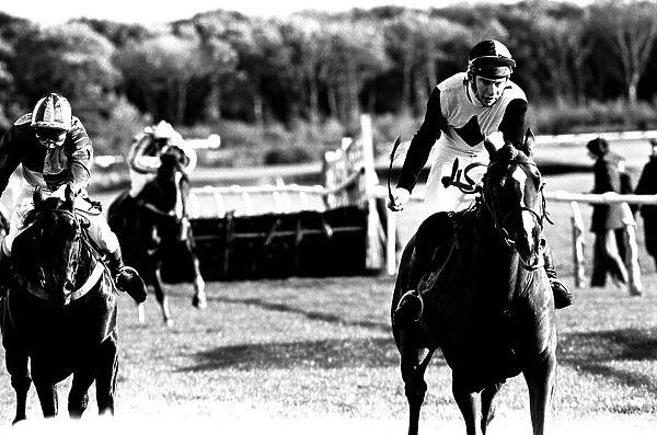 Over the last hurdle safely Narvik (right) is pushed out by Denis Atkins to shrug off