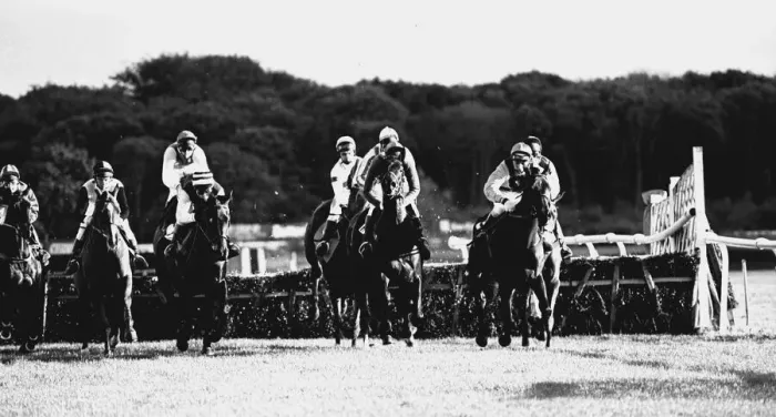 Framed Print : Over the last hurdle safely Narvik (right) is pushed out by Denis Atkins to shrug off Framed Print : Over the last hurdle safely Narvik (right) is pushed out by Denis Atkins to shrug off