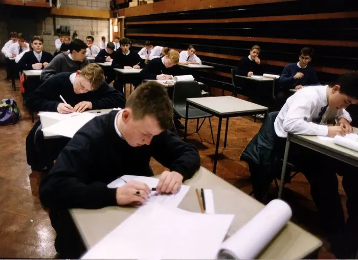 Framed Print : Huyton Comprehensive School, were children are taking their examinations in the main hall Framed Print : Huyton Comprehensive School, were children are taking their examinations in the main hall