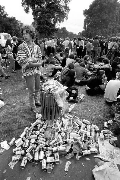 Hyde Park Pop Festival. Soft drink cans stacked by audience members at the concert