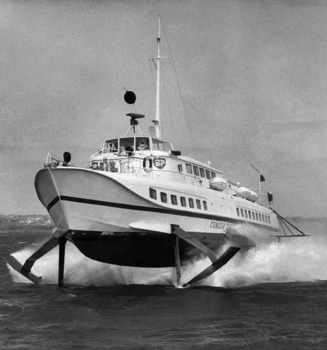 Framed Print : Hydrofoil Service. BP Condor 1 Inter Channel Island commencing 1st May. P005369 Framed Print : Hydrofoil Service. BP Condor 1 Inter Channel Island commencing 1st May. P005369