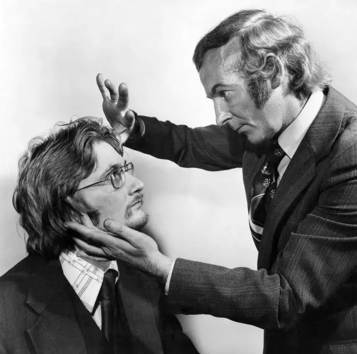 Framed Print : Hypnotist Alan Page with Graham Burrow from Whitley Bay. Circa 1969 P005766 Framed Print : Hypnotist Alan Page with Graham Burrow from Whitley Bay. Circa 1969 P005766