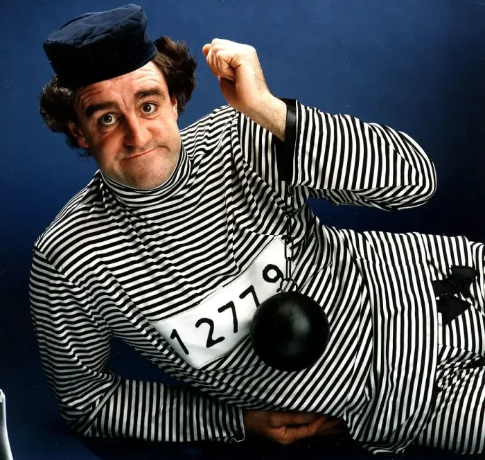 Framed Print : Iain McColl actor dressed as convict in striped suit ball and chain on wrist Framed Print : Iain McColl actor dressed as convict in striped suit ball and chain on wrist