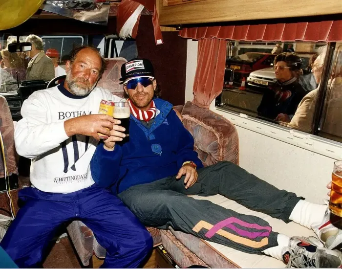 Framed Print : Ian Botham cricketer having a drink with fellow walker Chris Lander a Daily Mirror Framed Print : Ian Botham cricketer having a drink with fellow walker Chris Lander a Daily Mirror