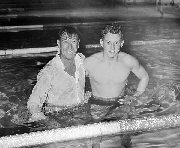 Ian MacIntosh Black, Scottish swimmer, pictured with coach, at the Empire Games, Cardiff