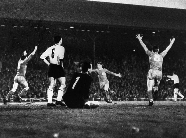 Ian St John (L) of Liverpool scores third goal against 1965 Inter Milan in