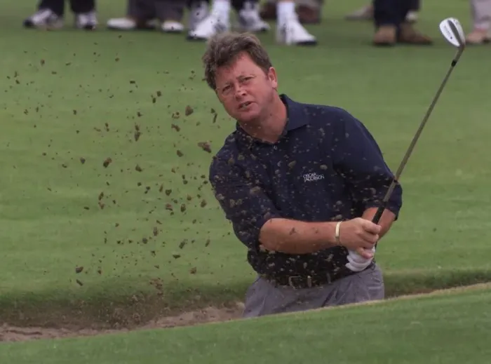 Framed Print : Ian Woosnam plays out of a bunker on his practice round on the eve of the 128th Open Golf Framed Print : Ian Woosnam plays out of a bunker on his practice round on the eve of the 128th Open Golf