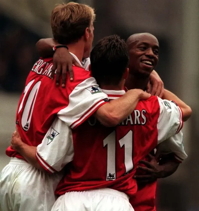 Framed Print : Ian Wright and Dennis Bergkamp celebrate after goal 1997 with Marc Overmars after